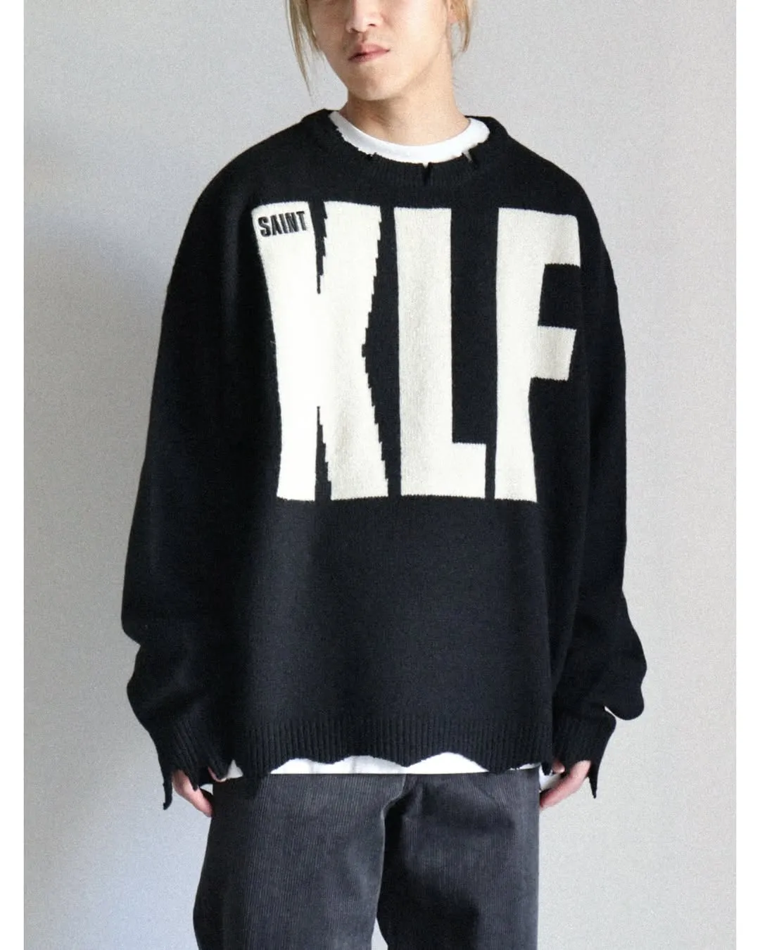 SAINT Mxxxxxx × The KLF KLF_CREW NECK KNIT/BLK KLF joint deconstructed wool sweater, black S-XL, original heel, made of 100% pure wool, natural and warm, wool fabric, dry cleaning or gentle hand washing recommended, completely correct version, customized KLF joint main mark/wash mark, imported special machine embroidery, full three-dimensional, pure hand destruction, deconstructed and shredded